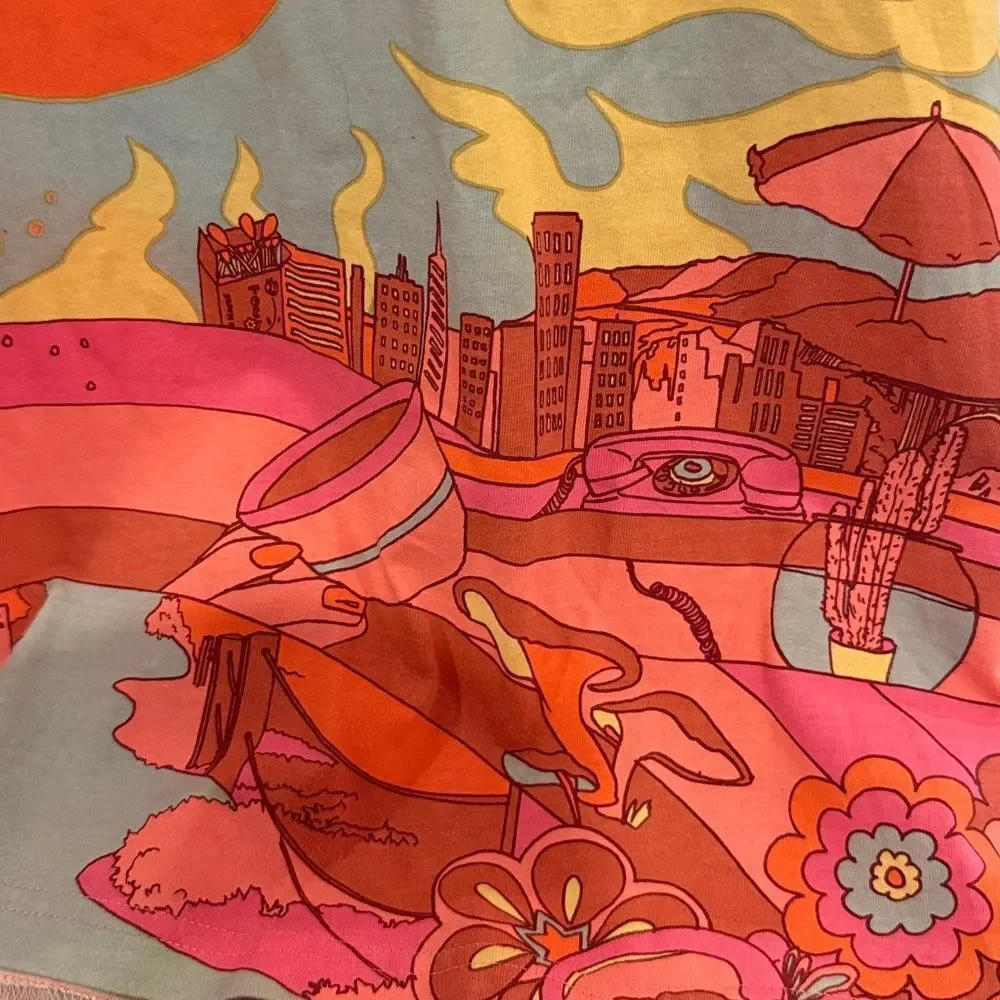 TORY BURCH TEE 100% COTTON GRAPHIC VIBRANT COLORFUL COASTAL HIPPIE OCEAN SUN XL